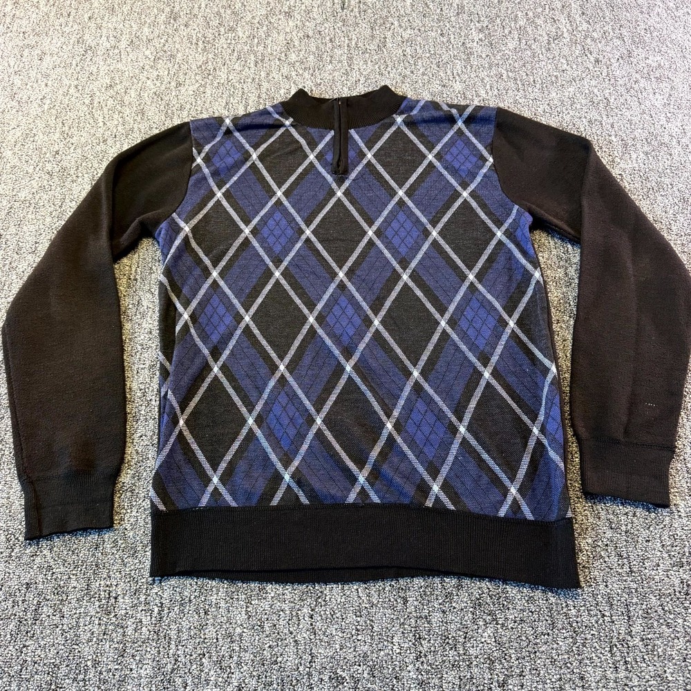 Studio By Omega Sweater Mens Large Black Argyle Diamond Knit Mock Neck 1/4 Zip